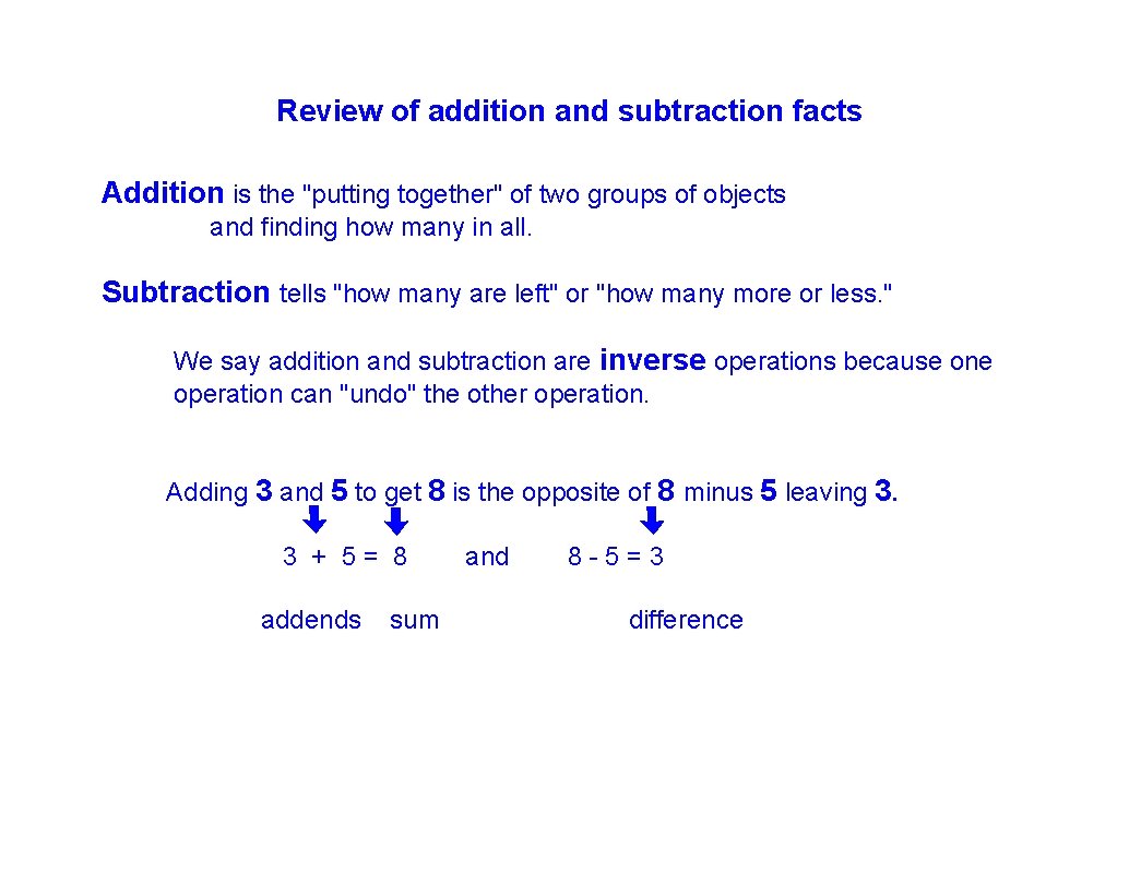 Review of addition and subtraction facts Addition is the "putting together" of two groups