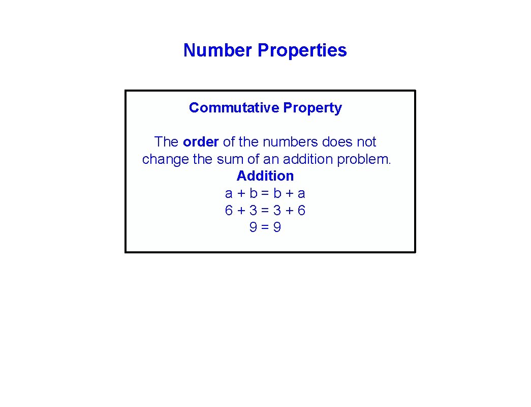 Number Properties Commutative Property The order of the numbers does not change the sum