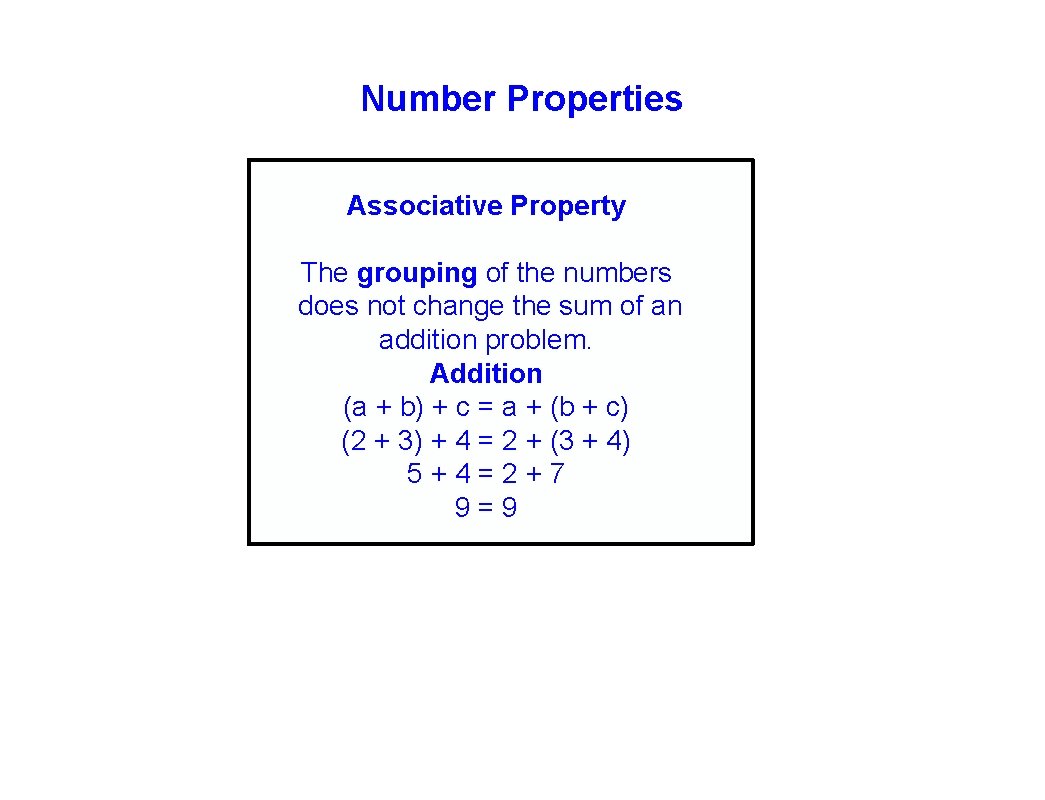 Number Properties Associative Property The grouping of the numbers does not change the sum