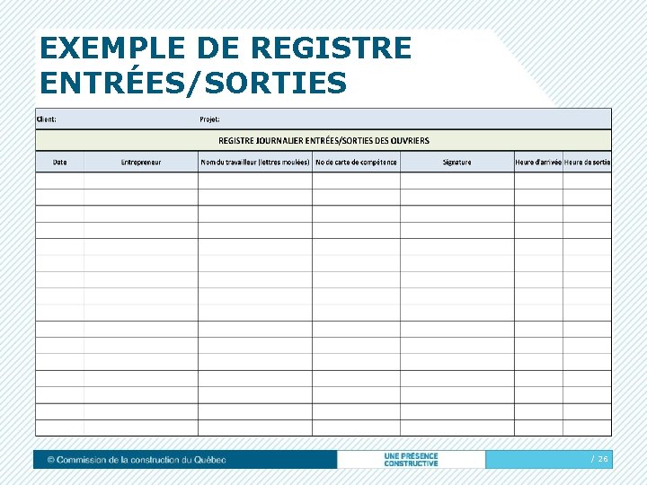 EXEMPLE DE REGISTRE ENTRÉES/SORTIES / 26 