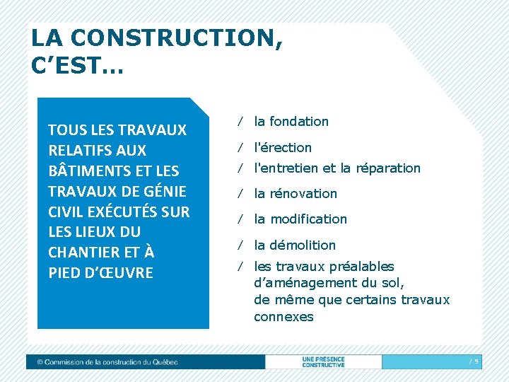 LA CONSTRUCTION, C’EST… TOUS LES TRAVAUX RELATIFS AUX B TIMENTS ET LES TRAVAUX DE