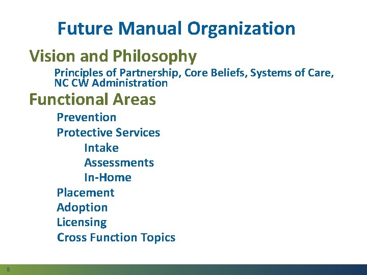 Future Manual Organization Vision and Philosophy Principles of Partnership, Core Beliefs, Systems of Care,