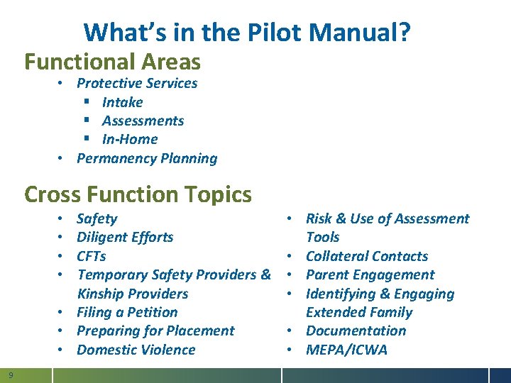 What’s in the Pilot Manual? Functional Areas • Protective Services § Intake § Assessments