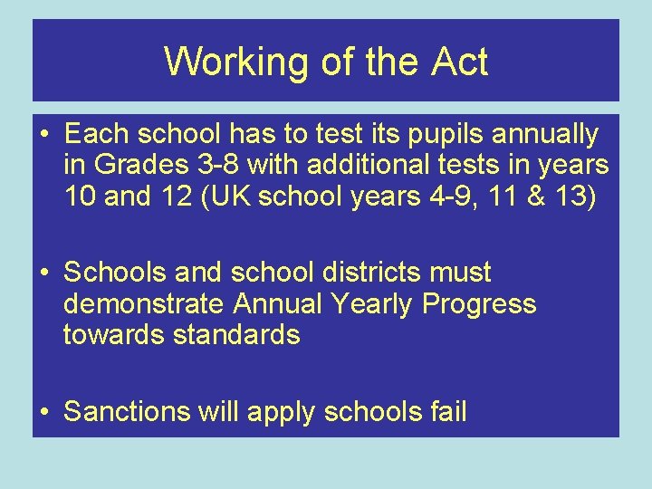 Working of the Act • Each school has to test its pupils annually in