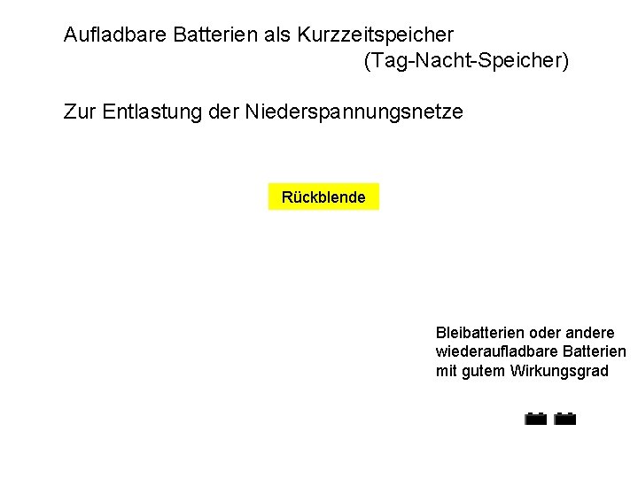 Aufladbare Batterien als Kurzzeitspeicher (Tag-Nacht-Speicher) Zur Entlastung der Niederspannungsnetze Rückblende Bleibatterien oder andere wiederaufladbare