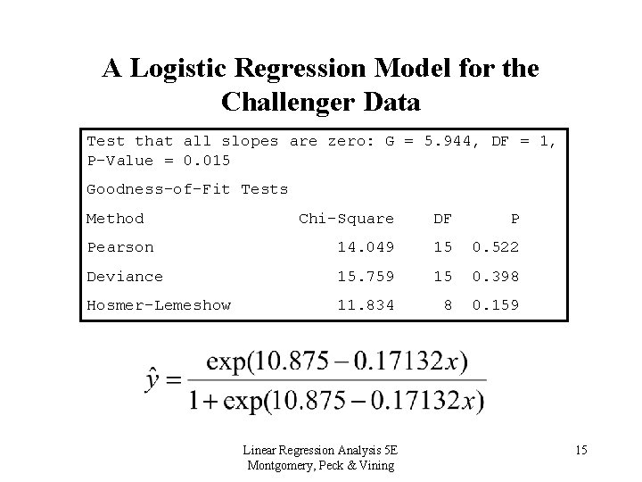 A Logistic Regression Model for the Challenger Data Test that all slopes are zero: