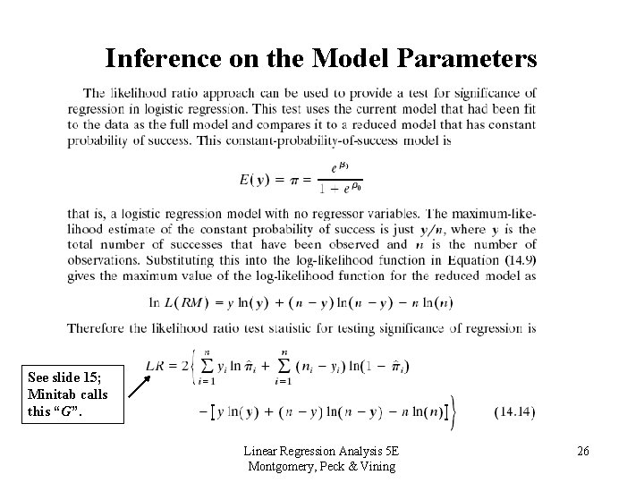 Inference on the Model Parameters See slide 15; Minitab calls this “G”. Linear Regression
