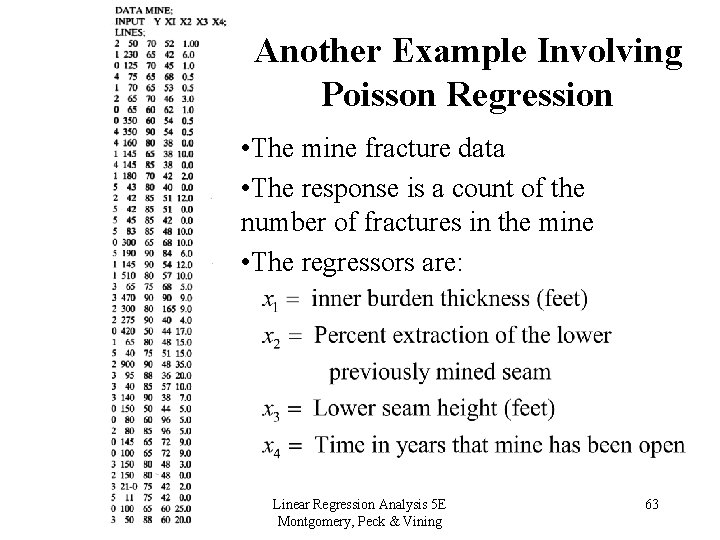 Another Example Involving Poisson Regression • The mine fracture data • The response is