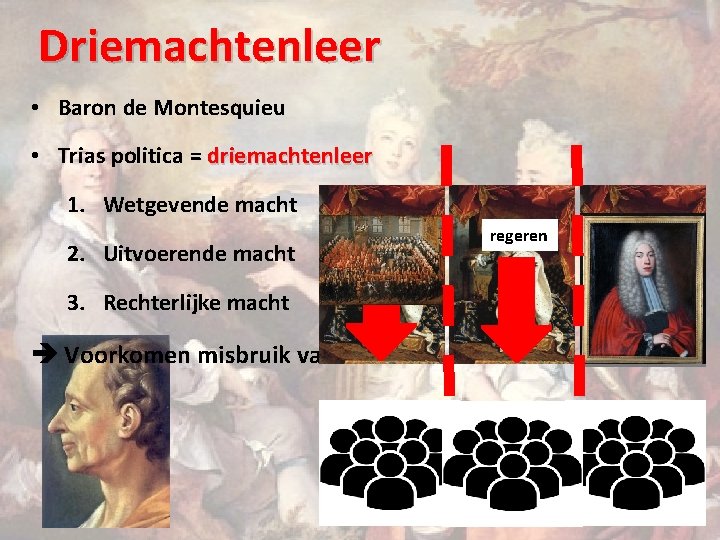 Driemachtenleer • Baron de Montesquieu • Trias politica = driemachtenleer 1. Wetgevende macht 2.