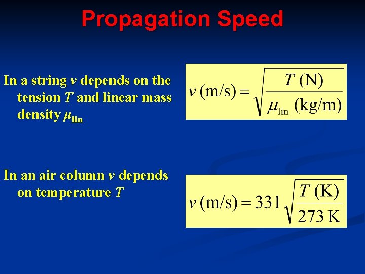 Propagation Speed In a string v depends on the tension T and linear mass