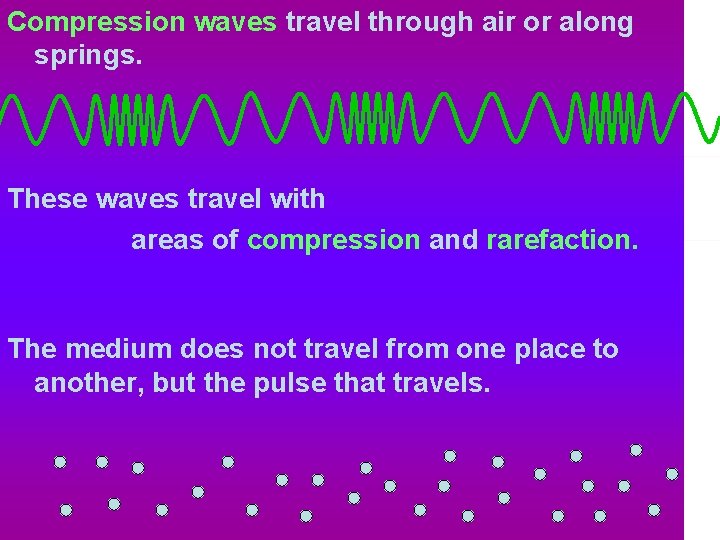 Compression waves travel through air or along springs. These waves travel with areas of