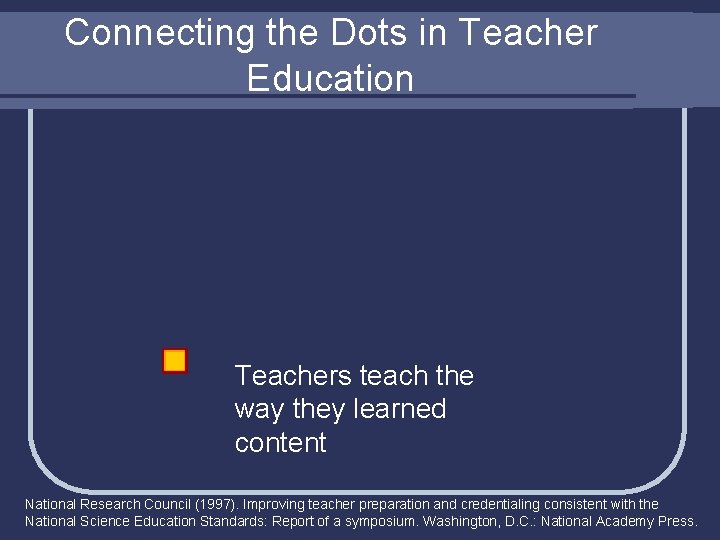 Connecting the Dots in Teacher Education Teachers teach the way they learned content National