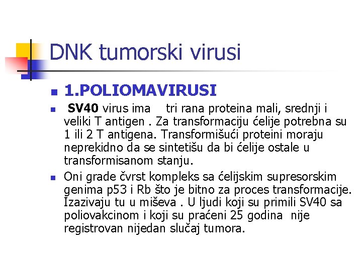 DNK tumorski virusi n n n 1. POLIOMAVIRUSI SV 40 virus ima tri rana