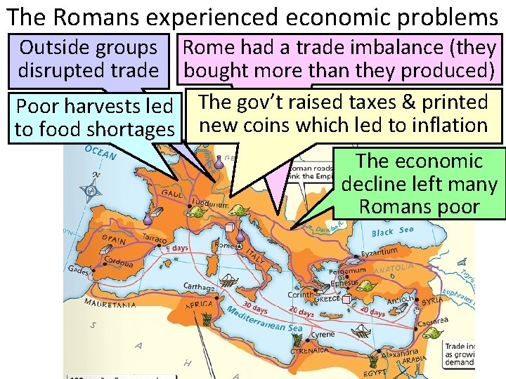 The Romans experienced economic problems Outside groups disrupted trade Rome had a trade imbalance
