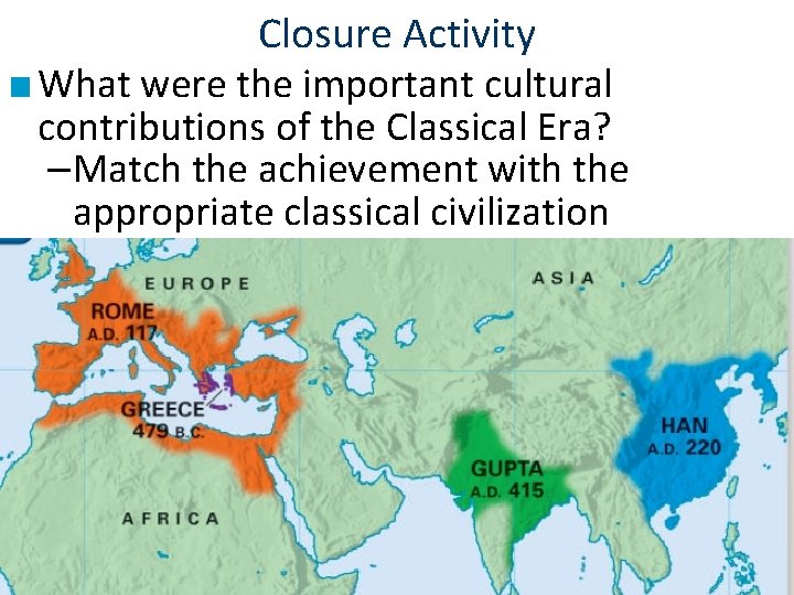 Closure Activity ■ What were the important cultural contributions of the Classical Era? –Match