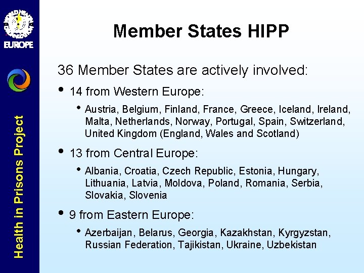 Member States HIPP 36 Member States are actively involved: Health in Prisons Project •
