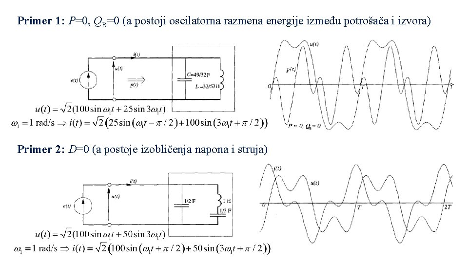 Primer 1: P=0, QB=0 (a postoji oscilatorna razmena energije između potrošača i izvora) Primer