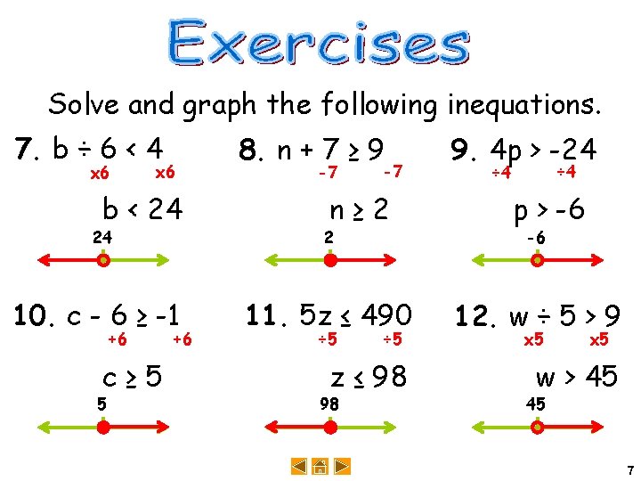 Solve and graph the following inequations. 7. b ÷ 6 < 4 x 6