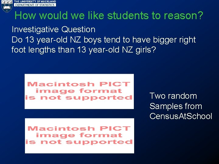 How would we like students to reason? Investigative Question Do 13 year-old NZ boys
