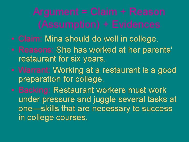 Argument = Claim + Reason (Assumption) + Evidences • Claim: Mina should do well