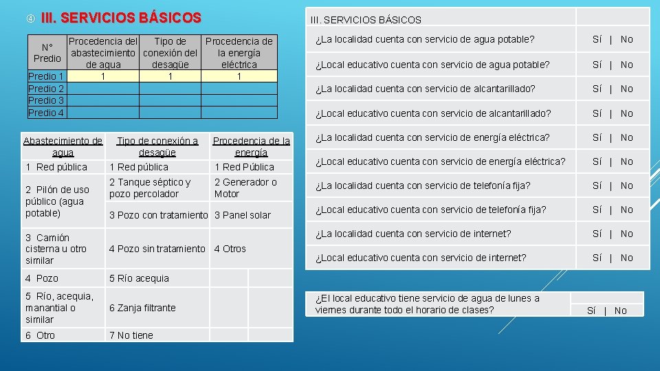  III. SERVICIOS BÁSICOS Procedencia del Tipo de Procedencia de N° abastecimiento conexión del