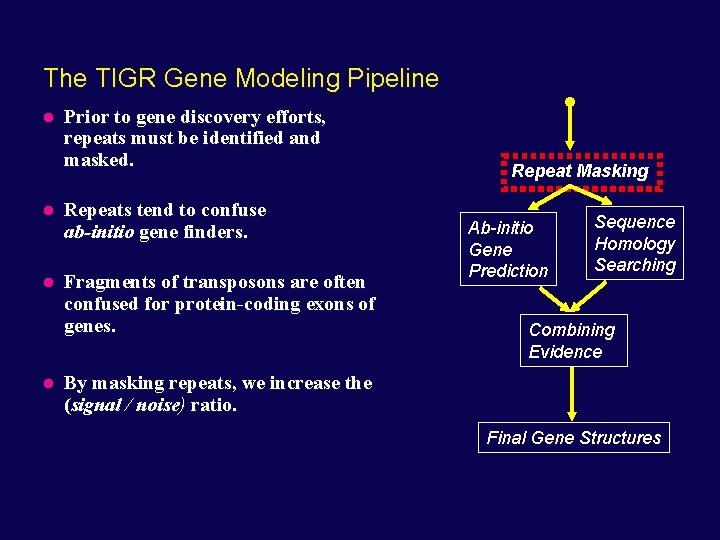 The TIGR Gene Modeling Pipeline Prior to gene discovery efforts, repeats must be identified