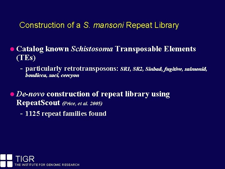 Construction of a S. mansoni Repeat Library Catalog known Schistosoma Transposable Elements (TEs) -