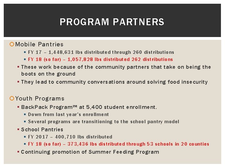 PROGRAM PARTNERS Mobile Pantries § FY 17 – 1, 448, 631 lbs distributed through