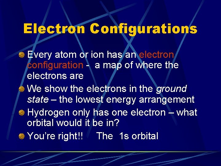 Electron Configurations Every atom or ion has an electron configuration - a map of