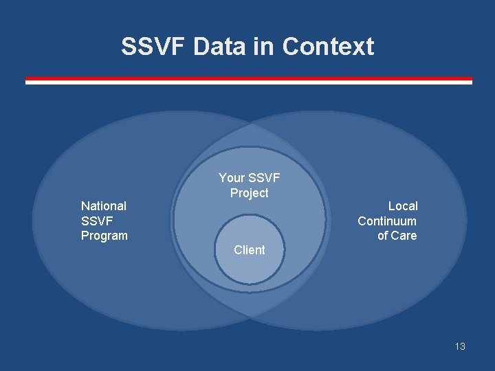 SSVF Data in Context National SSVF Program Your SSVF Project Local Continuum of Care