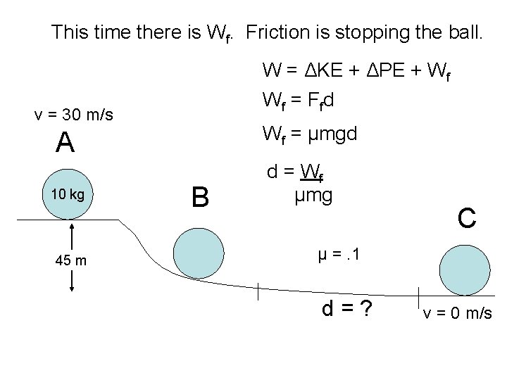 This time there is Wf. Friction is stopping the ball. W = ΔKE +