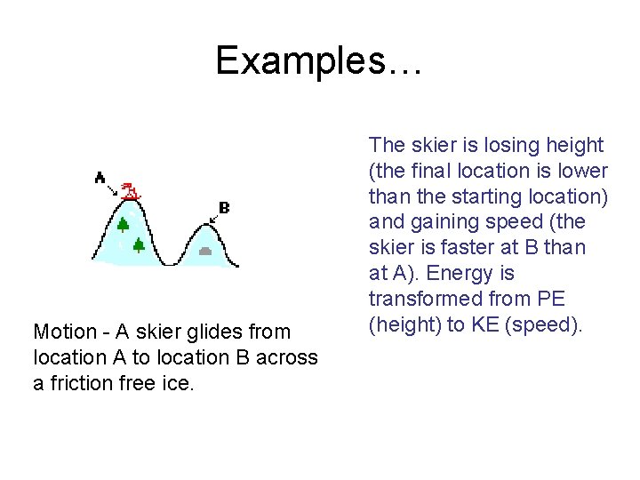 Examples… Motion - A skier glides from location A to location B across a