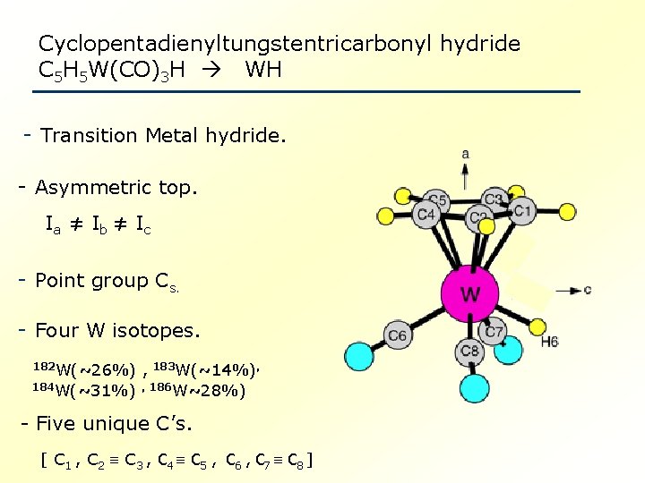 Cyclopentadienyltungstentricarbonyl hydride C 5 H 5 W(CO)3 H WH - Transition Metal hydride. -