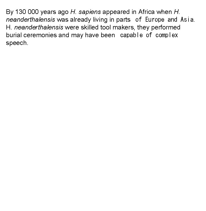 By 130 000 years ago H. sapiens appeared in Africa when H. neanderthalensis was