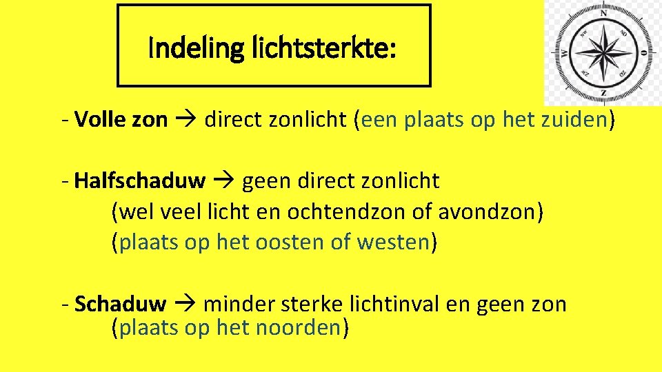 Indeling lichtsterkte: - Volle zon direct zonlicht (een plaats op het zuiden) - Halfschaduw