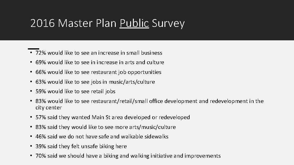 2016 Master Plan Public Survey • 72% would like to see an increase in