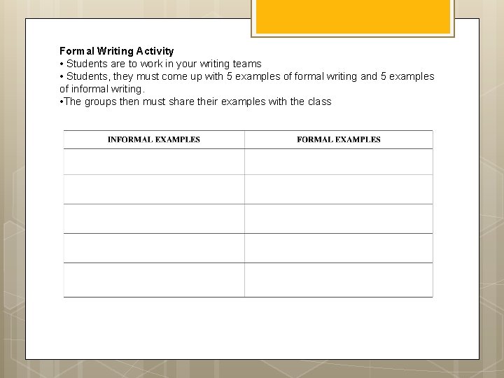 Formal Writing Activity • Students are to work in your writing teams • Students,