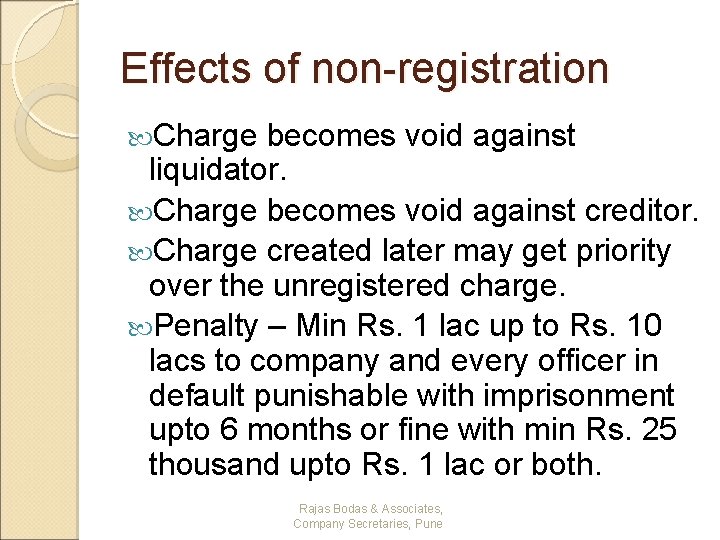 Effects of non-registration Charge becomes void against liquidator. Charge becomes void against creditor. Charge
