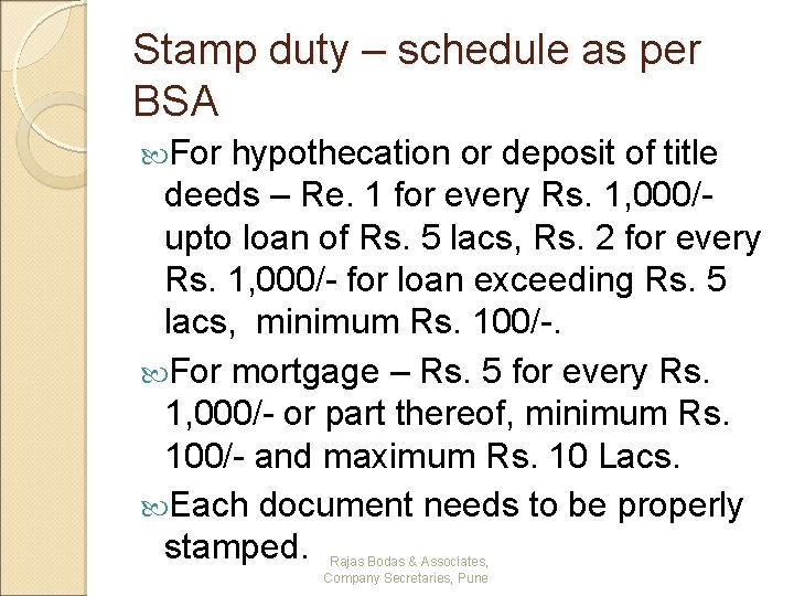 Stamp duty – schedule as per BSA For hypothecation or deposit of title deeds