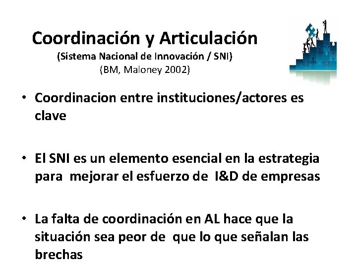 Coordinación y Articulación (Sistema Nacional de Innovación / SNI) (BM, Maloney 2002) • Coordinacion