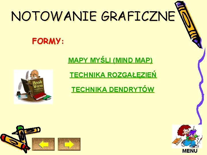 NOTOWANIE GRAFICZNE FORMY: FORMY MAPY MYŚLI (MIND MAP) TECHNIKA ROZGAŁĘZIEŃ TECHNIKA DENDRYTÓW MENU 