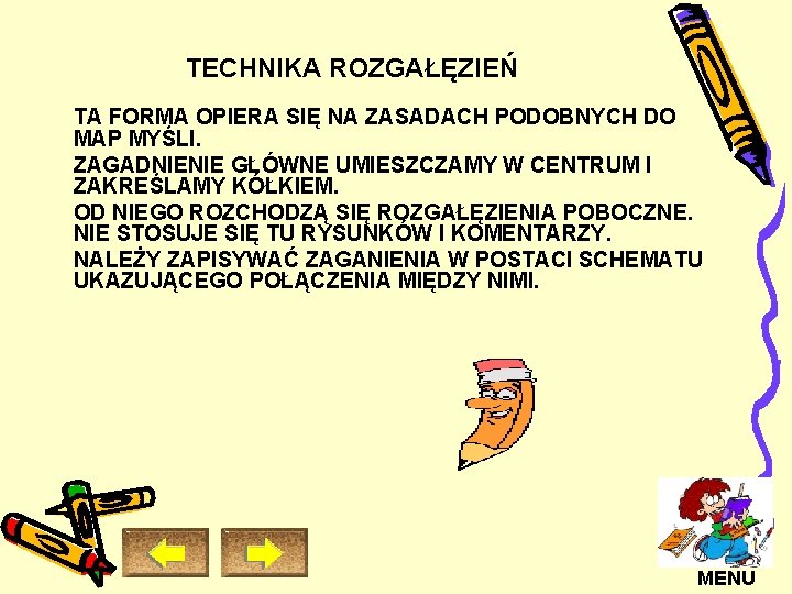 TECHNIKA ROZGAŁĘZIEŃ TA FORMA OPIERA SIĘ NA ZASADACH PODOBNYCH DO MAP MYŚLI. ZAGADNIENIE GŁÓWNE