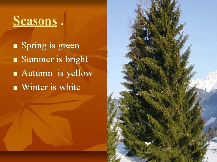 Seasons. Spring is green Summer is bright Autumn is yellow Winter is white 