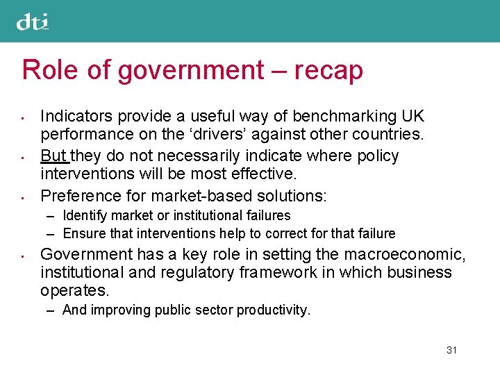 Role of government – recap • • • Indicators provide a useful way of