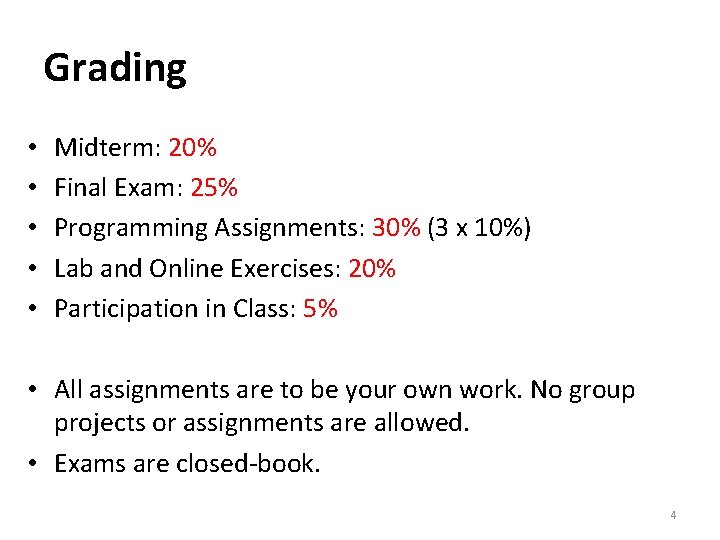 Grading • • • Midterm: 20% Final Exam: 25% Programming Assignments: 30% (3 x