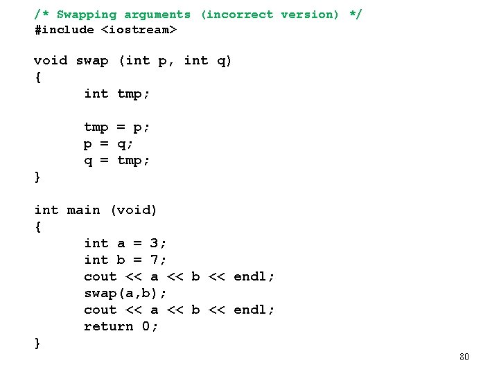 /* Swapping arguments (incorrect version) */ #include <iostream> void swap (int p, int q)