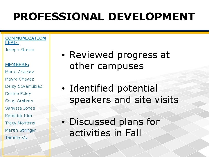 PROFESSIONAL DEVELOPMENT COMMUNICATION LEAD: Joseph Alonzo MEMBERS: Maria Chaidez • Reviewed progress at other