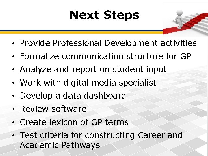 Next Steps • Provide Professional Development activities • Formalize communication structure for GP •