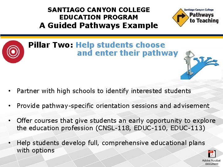 SANTIAGO CANYON COLLEGE EDUCATION PROGRAM A Guided Pathways Example Pillar Two: Help students choose