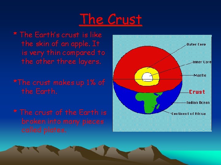 The Crust * The Earth’s crust is like the skin of an apple. It